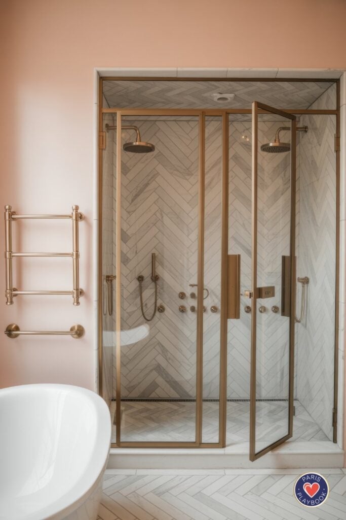 Contemporary Parisian bathroom with blush pink walls, brass-framed glass shower with white marble herringbone tiles, dual rainfall showerheads, and brass heated towel rack