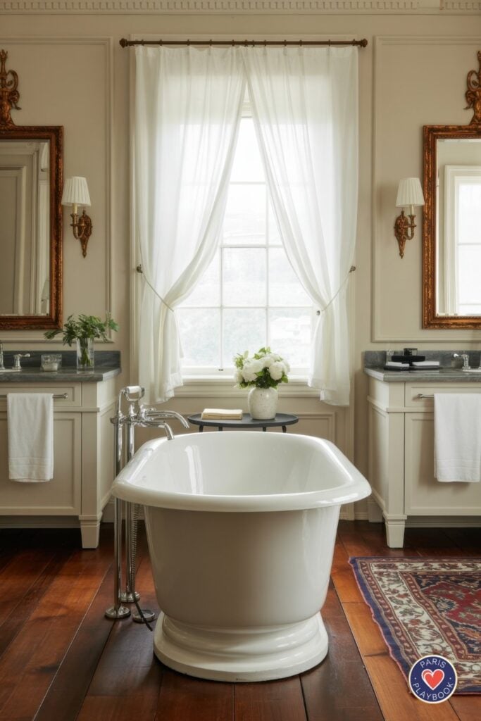 Classic Parisian bathroom with twin cream vanities, ornate gold-framed mirrors, brass wall sconces, white freestanding tub, wood floors, and Persian rug