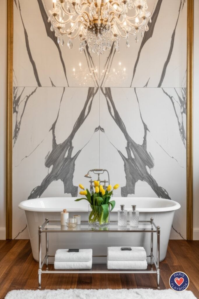 Luxurious Parisian bathroom with dramatic floor-to-ceiling book-matched marble feature wall, white freestanding tub, brass crystal chandelier, chrome towel cart, and herringbone wood floors