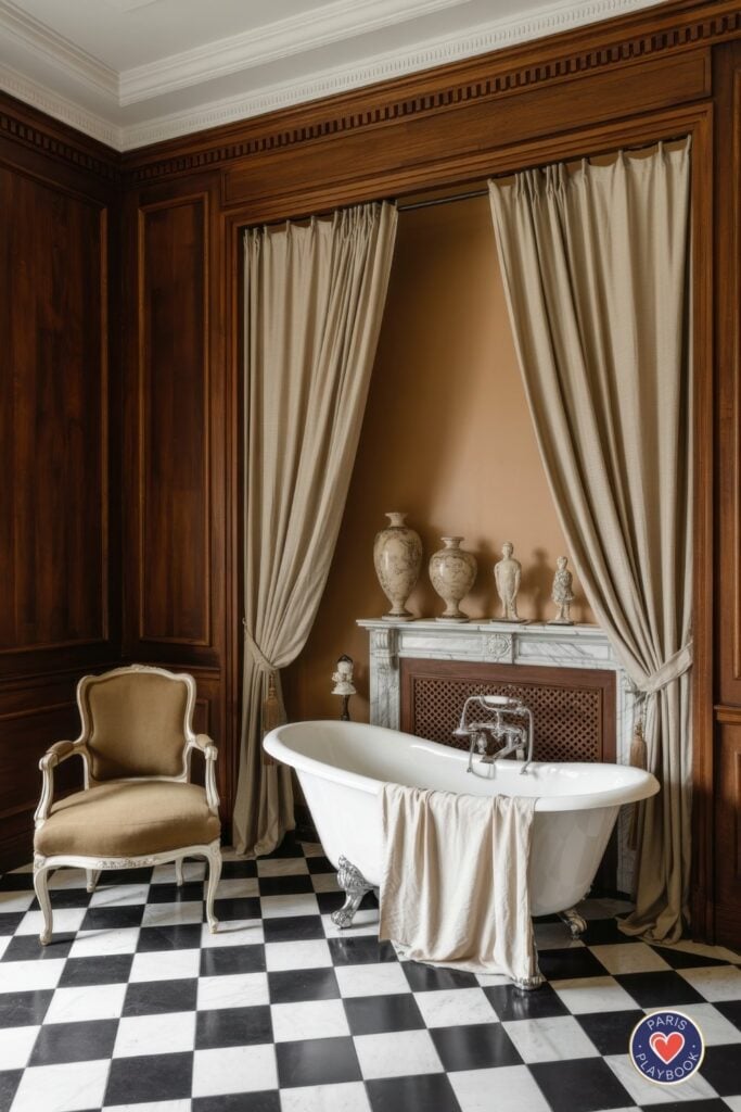 Grand Parisian bathroom with rich walnut wood paneling, white clawfoot tub, marble fireplace mantel with decorative urns, cream Louis XVI chair, linen curtains, and black and white checkerboard marble floors