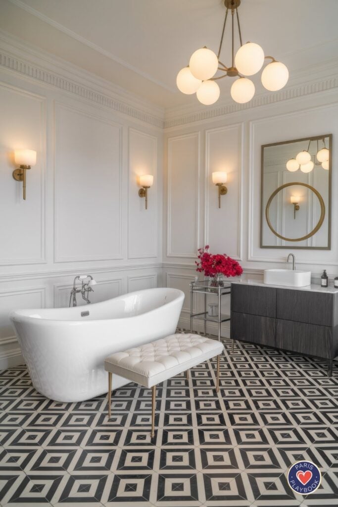 Contemporary Parisian bathroom with white wall paneling, brass globe chandelier, white freestanding tub, geometric black and white floor tiles, tufted bench, and dark wood floating vanity