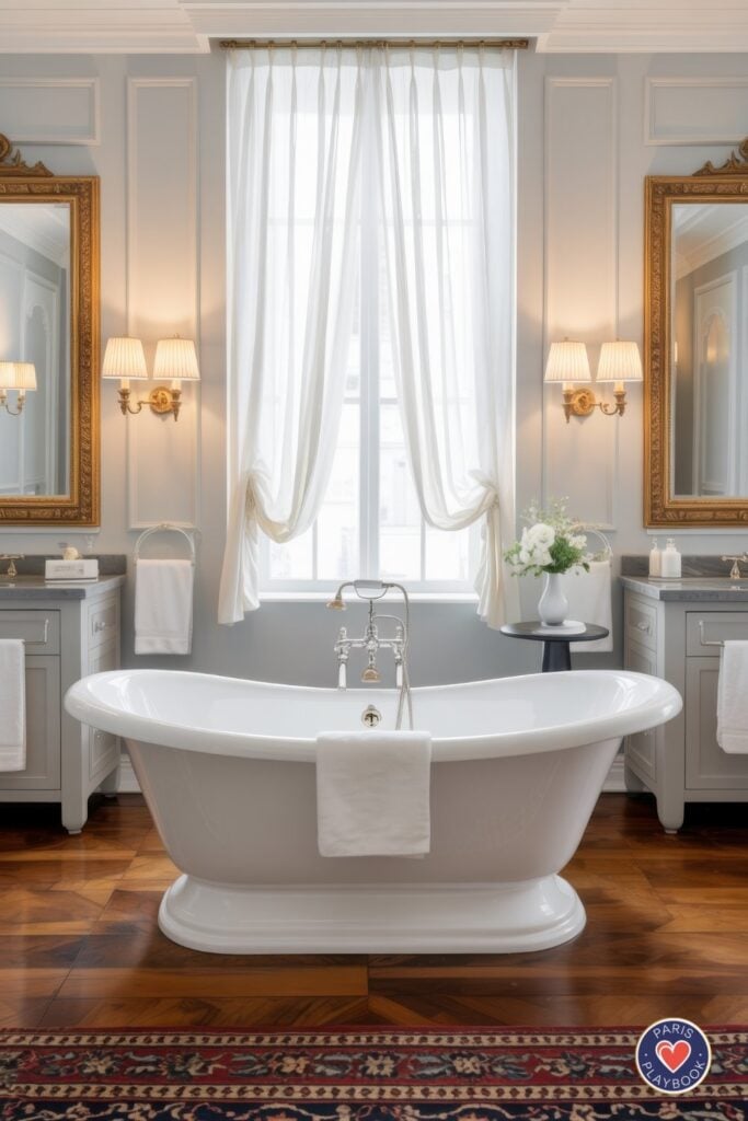 Elegant Parisian bathroom with pale blue-gray walls, twin gold-framed mirrors, gold wall sconces, white freestanding tub, herringbone wood floors, and flowing white curtains