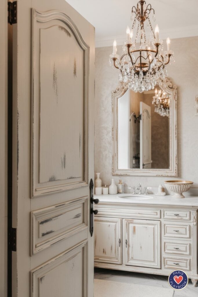 French country bathroom with distressed white door, aged white vanity cabinet, ornate vintage mirror, brass crystal chandelier, and marble countertop