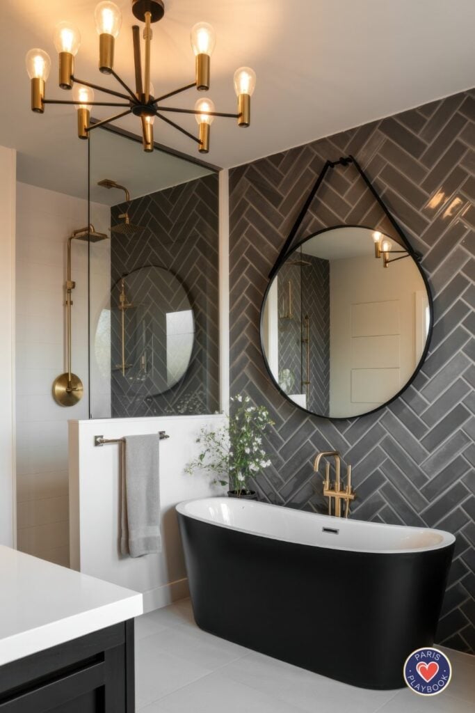 Contemporary Parisian bathroom with charcoal gray herringbone tile wall, black freestanding tub with brass fixtures, brass and black Sputnik chandelier, large round black mirror