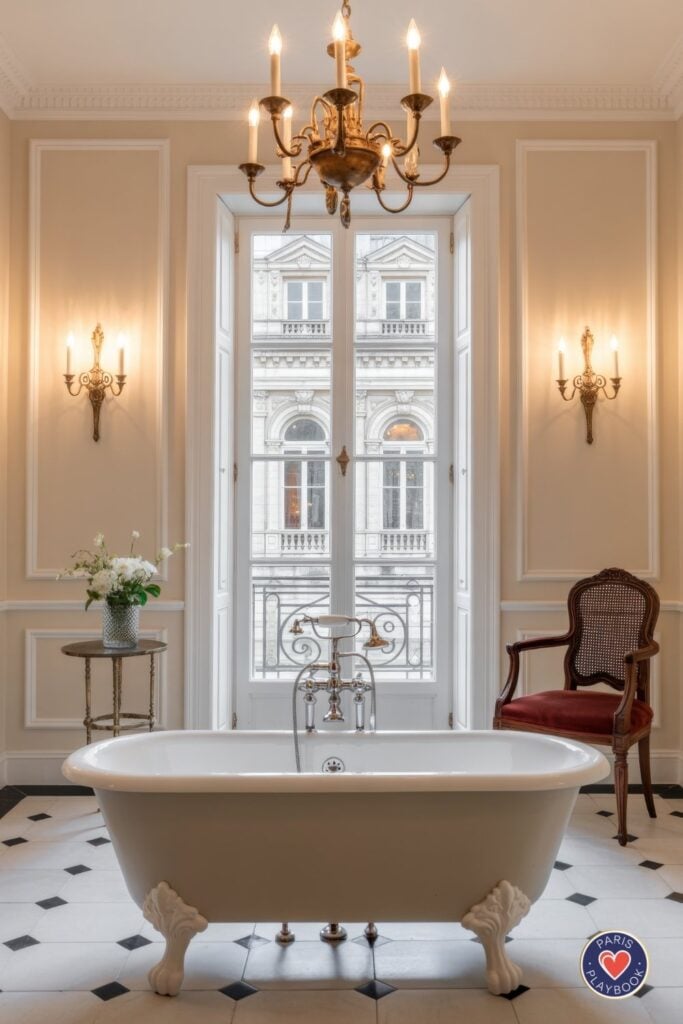 Traditional Parisian bathroom with tall French windows overlooking historic building, brass chandelier, white clawfoot tub with brass fixtures, brass wall sconces, cane-back chair, and octagonal floor tiles