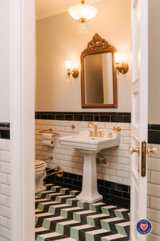 Art Deco Parisian powder room with chevron floor tiles in mint green, black, and white, white subway tiles with black accent stripe, ornate gold mirror, brass fixtures, white pedestal sink