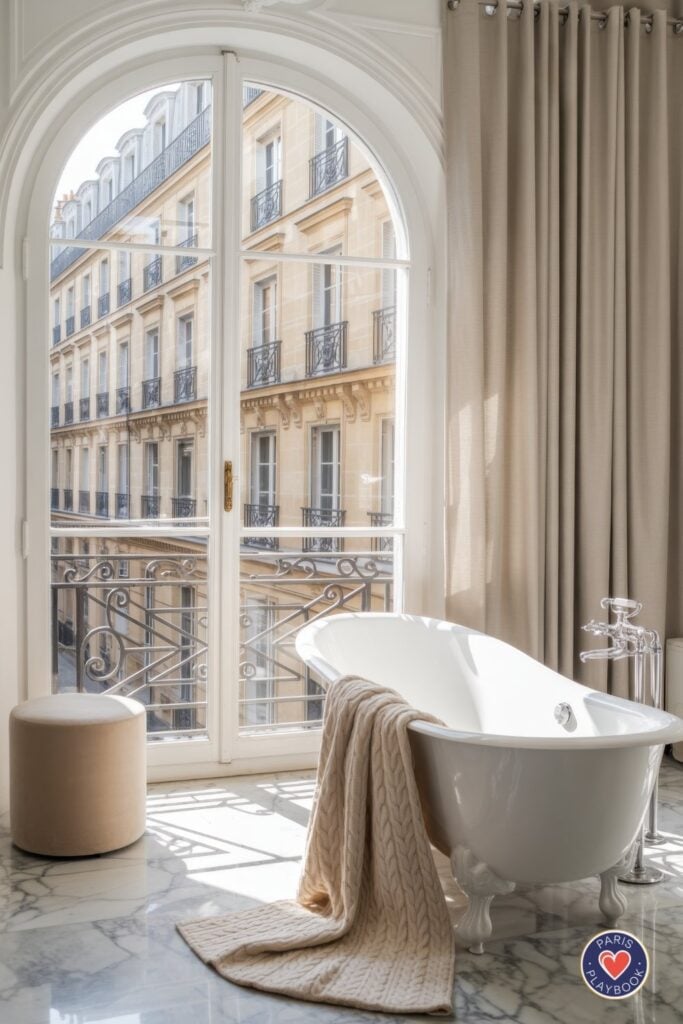 Luxurious Parisian bathroom with tall arched French doors, white clawfoot tub, beige linen curtains, marble floors, and views of Haussmann building facades