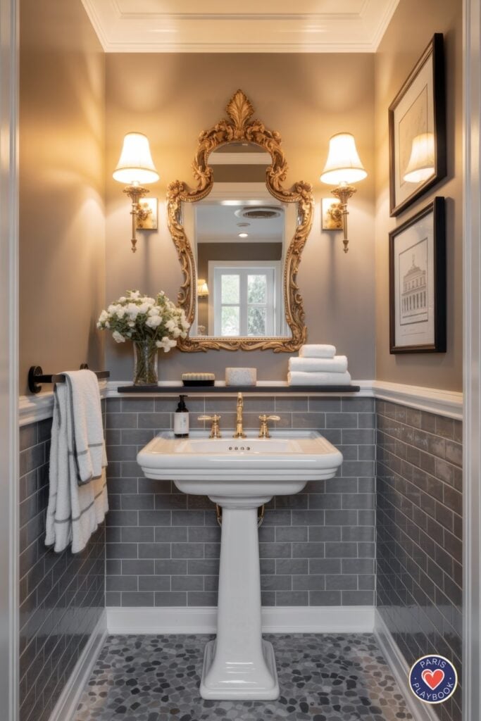 Compact Parisian powder room with gray subway tile walls, ornate gold rococo mirror, brass sconces, white pedestal sink with brass fixtures, and pebble floor tiles