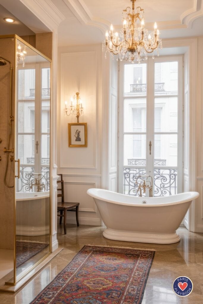 Grand Parisian bathroom with crystal chandelier, white paneling, white freestanding tub with brass fixtures, tall French windows, polished marble floors, Persian rug, and brass-framed glass shower