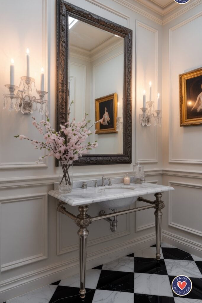 Elegant Parisian powder room with large dark carved mirror, white wall paneling, marble console sink with brass legs, crystal sconces, classical portraits, black and white checkerboard floors