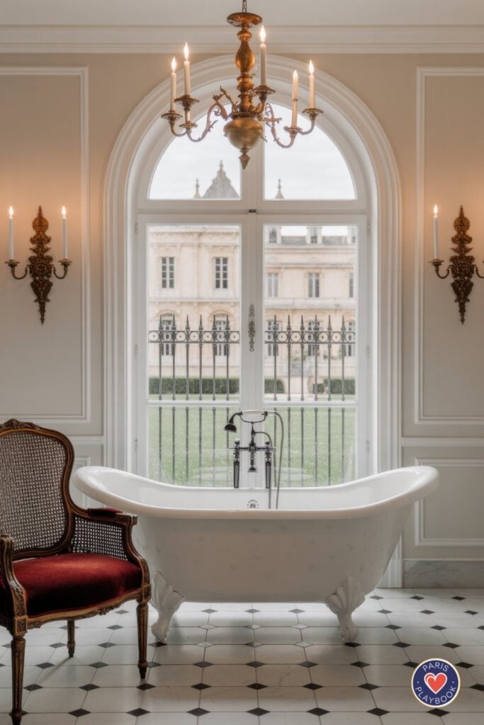 Majestic Parisian bathroom with large arched French windows overlooking palace courtyard, brass chandelier and sconces, white clawfoot tub with brass fixtures, cane-back chair with red velvet seat, white paneling, octagonal floor tiles