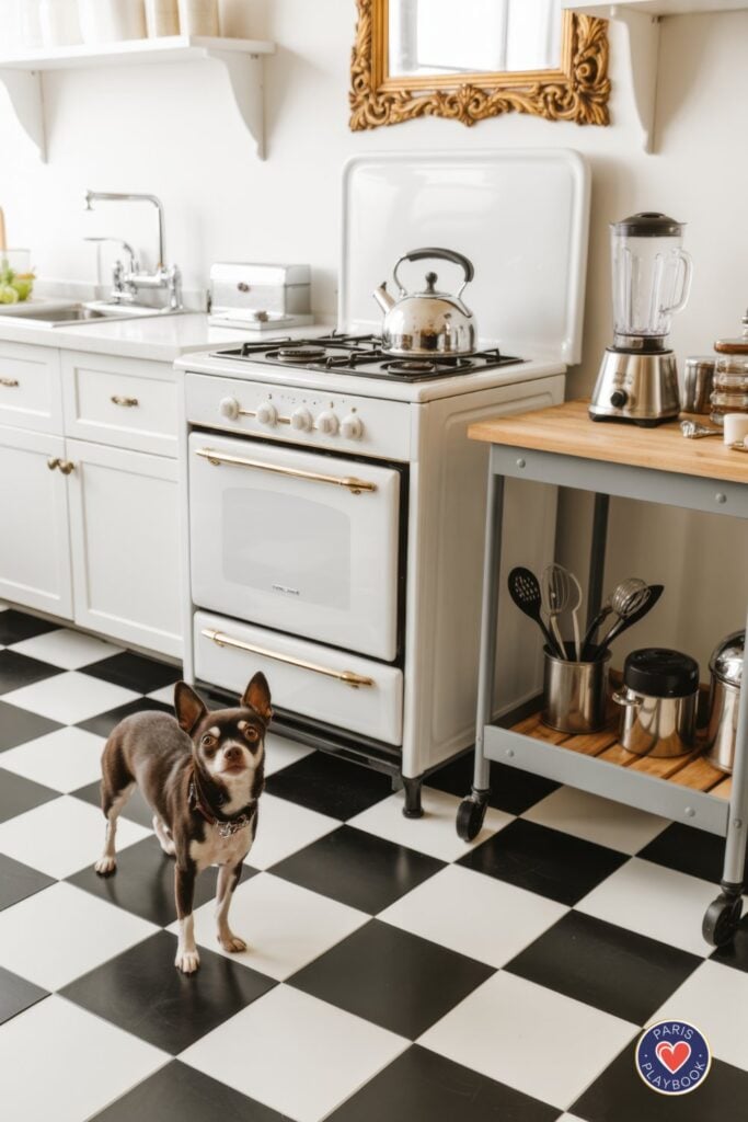 White Parisian kitchen with black and white checkered floor, vintage white stove, gold baroque mirror, and small brown dog